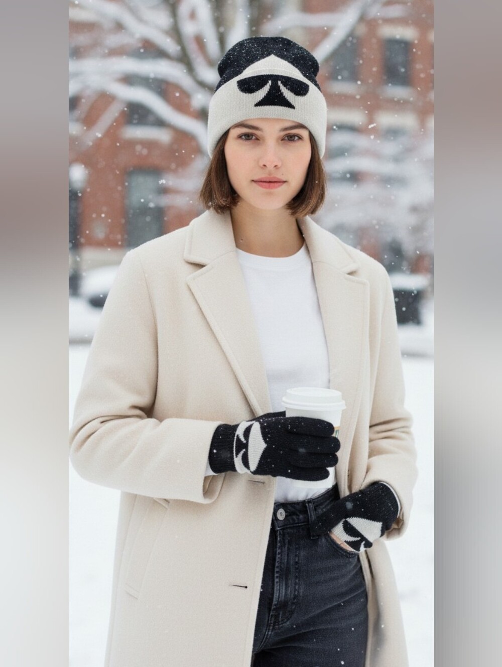 NEW IN BOX Kate Spade ♠️ Oversized Beanie & Glove Set White/Black Spade Lego